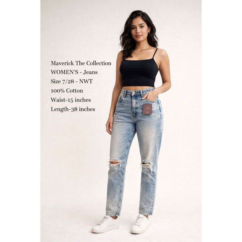 NWT Maverick The Collection Distressed Jeans Size 7/28 Light Wash Cotton Women's